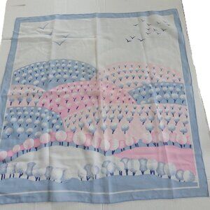 Vintage Scarf/ Pink & Blue Landscape/ Square Semi-Sheer